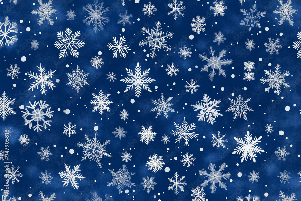 Poster blue background with many white snowflakes scattered throughout. the snowflakes are all different si