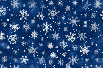 blue background with many white snowflakes scattered throughout. The snowflakes are all different sizes and shapes, creating a sense of movement and depth. Scene is one of winter wonderland