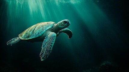Fototapeta premium Teal Sea Turtle Floating