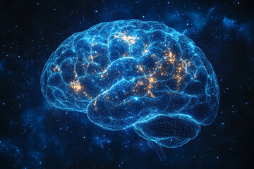 A glowing brain composed of interconnected nodes on a blue background, representing artificial intelligence, neural networks, and big data technology