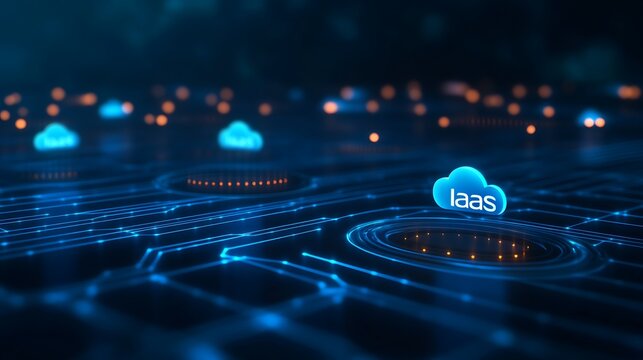Digital illustration of IaaS concept, showcasing interconnected cloud servers and infrastructure in a futuristic network environment.