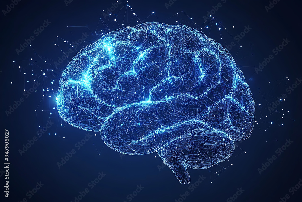 Poster a glowing brain composed of interconnected nodes on a blue background, representing artificial intel