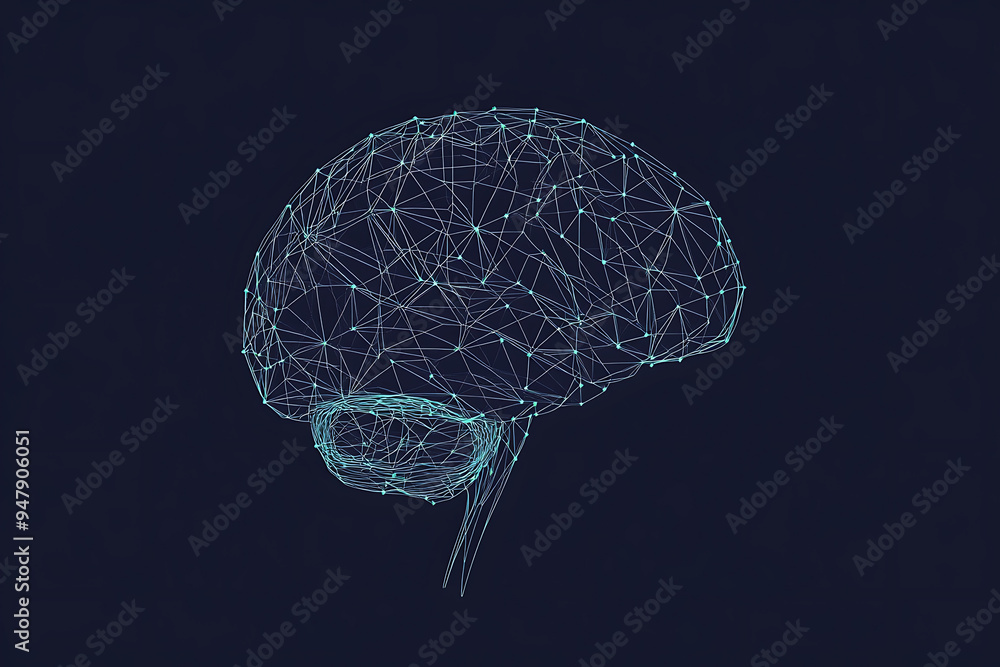 Poster a glowing brain composed of interconnected nodes on a blue background, representing artificial intel