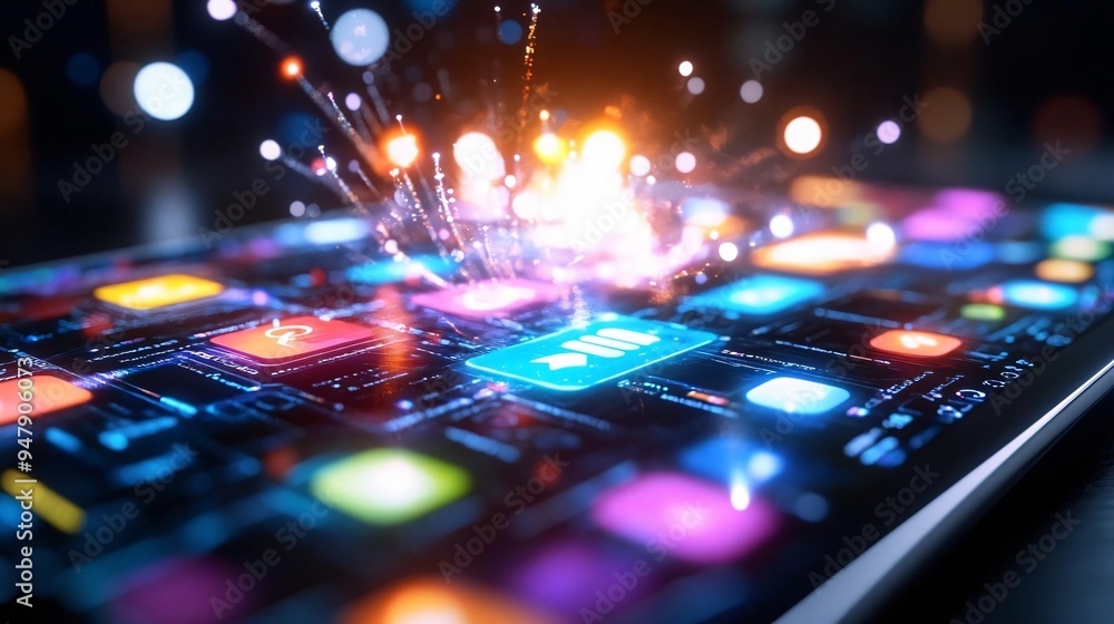Poster vibrant digital interface showcasing colorful app icons with dynamic light effects and technology el