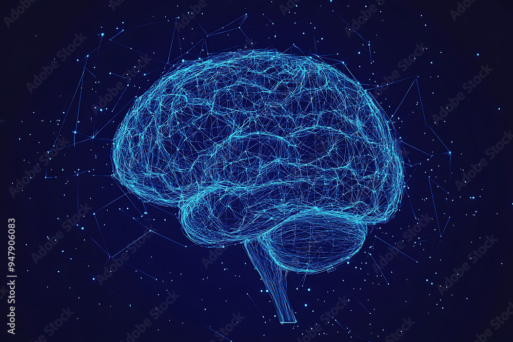 Poster a glowing brain composed of interconnected nodes on a blue background, representing artificial intel