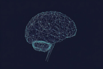 A glowing brain composed of interconnected nodes on a blue background, representing artificial intelligence, neural networks, and big data technology