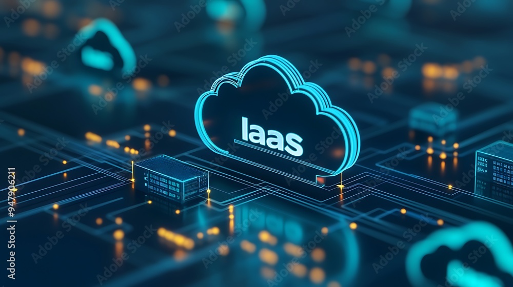 Poster digital illustration of iaas (infrastructure as a service) concept in cloud computing with glowing n