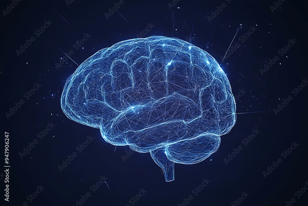 Poster a glowing brain composed of interconnected nodes on a blue background, representing artificial intel