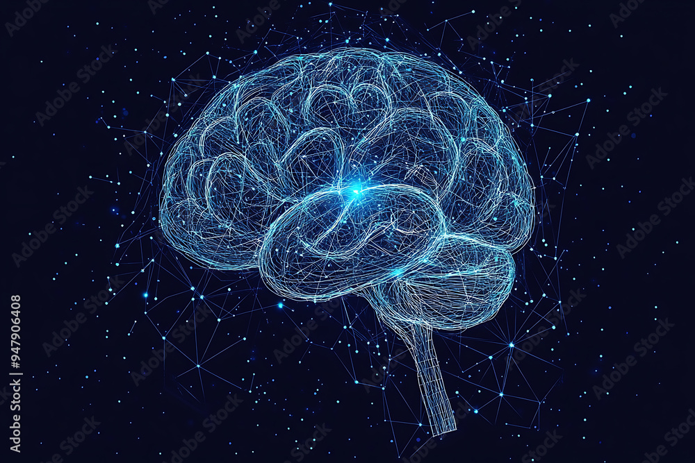 Poster a glowing brain composed of interconnected nodes on a blue background, representing artificial intel