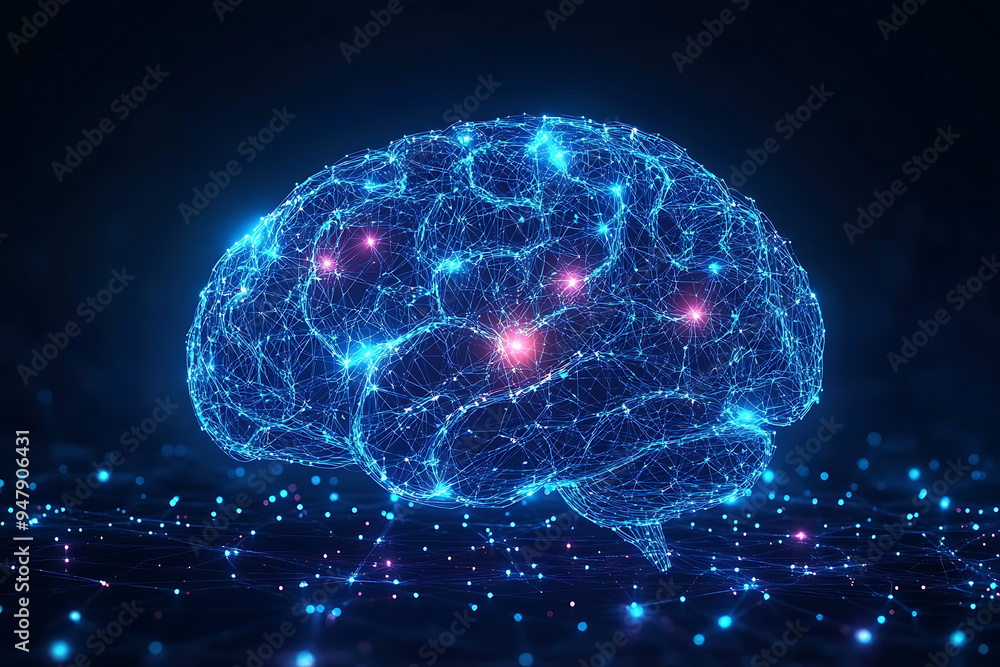 Poster a glowing brain composed of interconnected nodes on a blue background, representing artificial intel