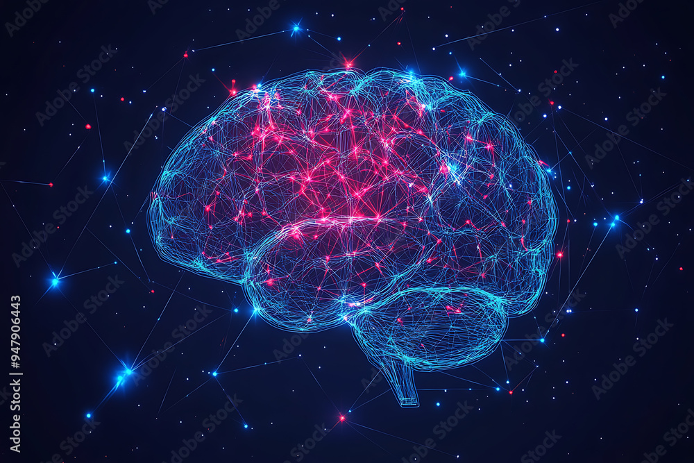 Poster a glowing brain composed of interconnected nodes on a blue background, representing artificial intel