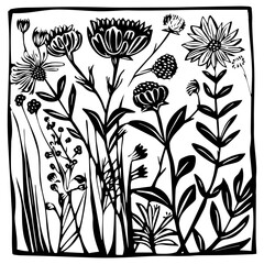 Wild flowers linocut vector illustration with grunge texture. Monochrome linear woodcut illustration.