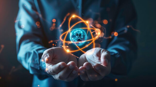 A person's hands are cupped around a glowing atomic structure with a planet in the center, representing the concept of science and technology. - Powered by Adobe