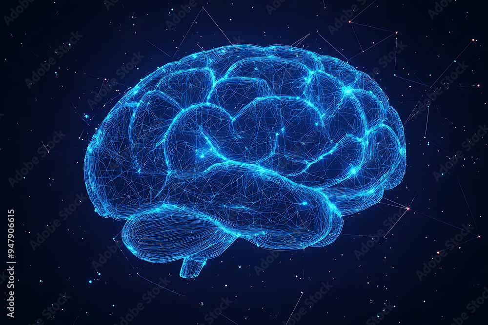 Poster a glowing brain composed of interconnected nodes on a blue background, representing artificial intel