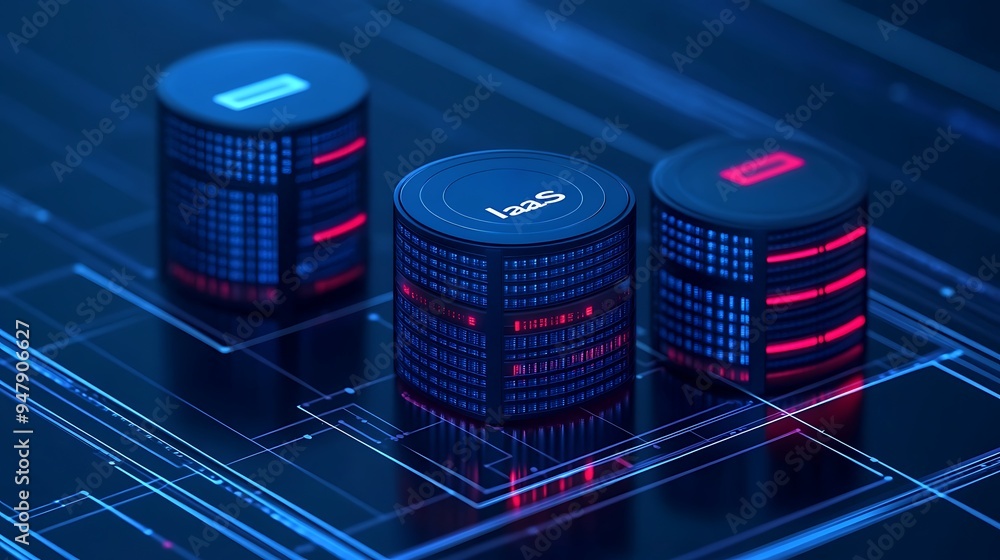 Poster digital illustration of server stacks in a data center, showcasing cloud computing and storage techn