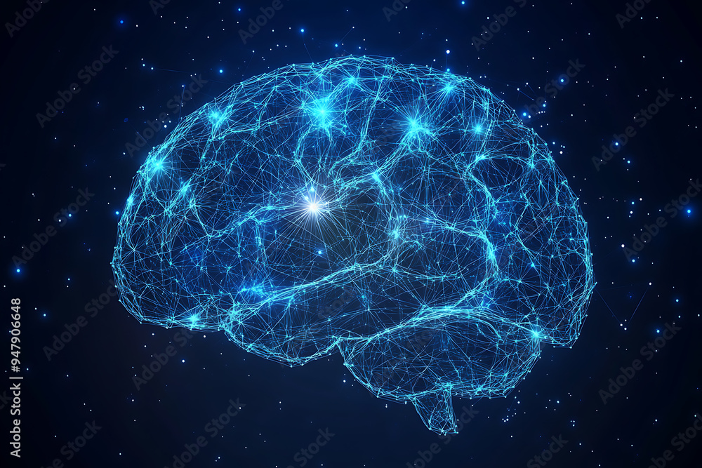Poster a glowing brain composed of interconnected nodes on a blue background, representing artificial intel