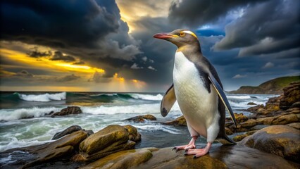 Yellow-eyed penguin, a tiny figure on rugged terrain, finds calm amidst the turmoil, its bright eyes shining like embers in a stormy sky, lit by diffused light.