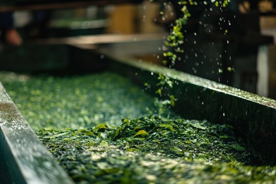 Fresh tea leaves falling on conveyor belt during processing and production in a tea factory