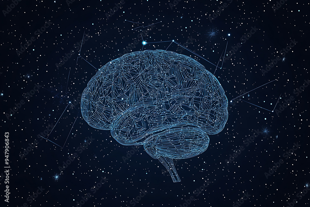 Poster a glowing brain composed of interconnected nodes on a blue background, representing artificial intel