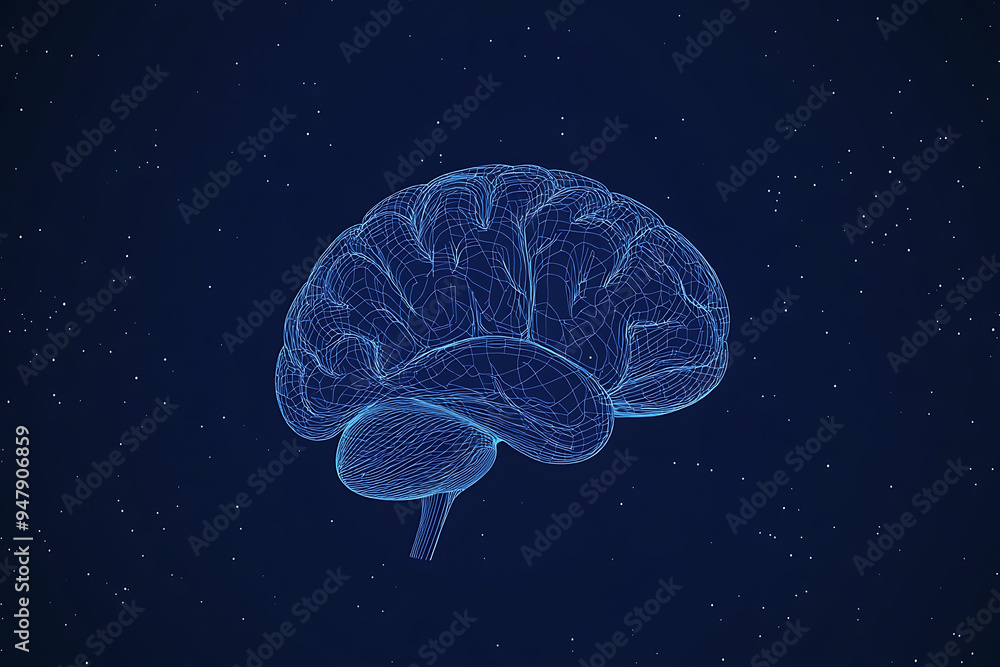 Poster a glowing brain composed of interconnected nodes on a blue background, representing artificial intel