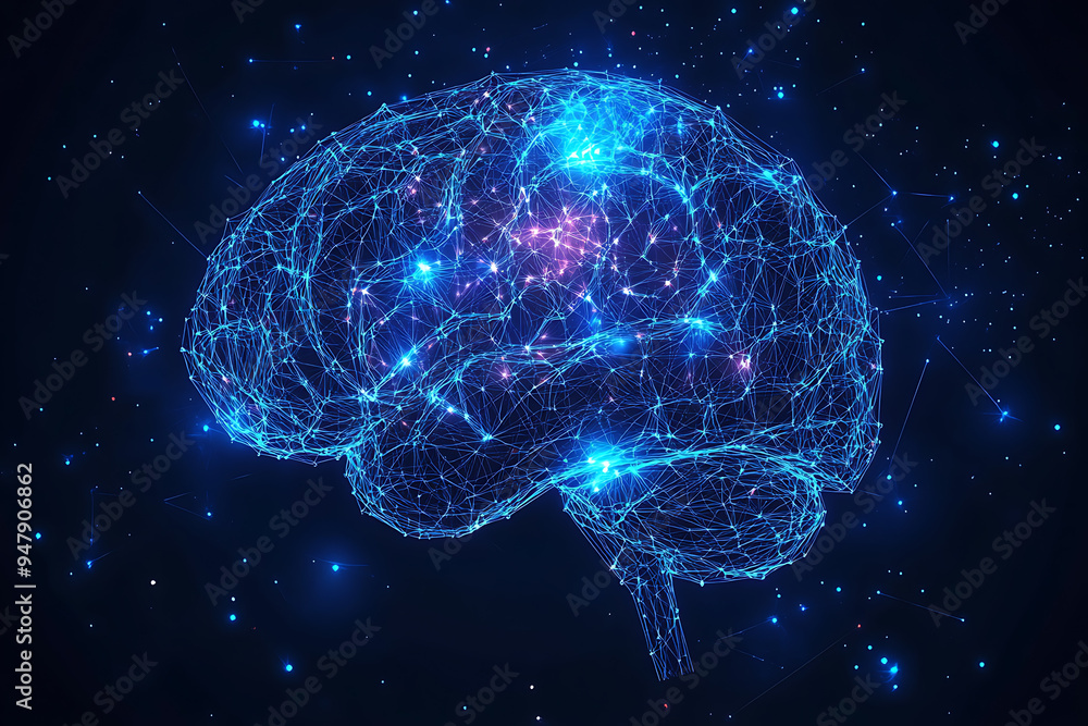 Poster a glowing brain composed of interconnected nodes on a blue background, representing artificial intel