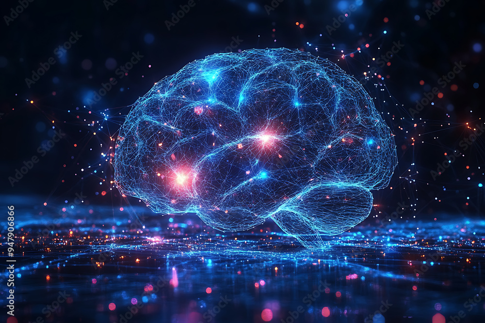 Poster a glowing brain composed of interconnected nodes on a blue background, representing artificial intel