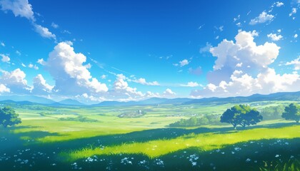 Obraz premium Enchanting Anime-Style Fantasy Landscape: Dreamy Blue Sky and Clouds Background. AI-Generated Artistic Scene for Marketing, Cultural Expression, and Graphic Design. Elegant Minimalist Template with Gr