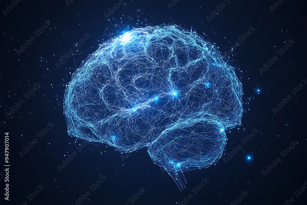 Poster a glowing brain composed of interconnected nodes on a blue background, representing artificial intel