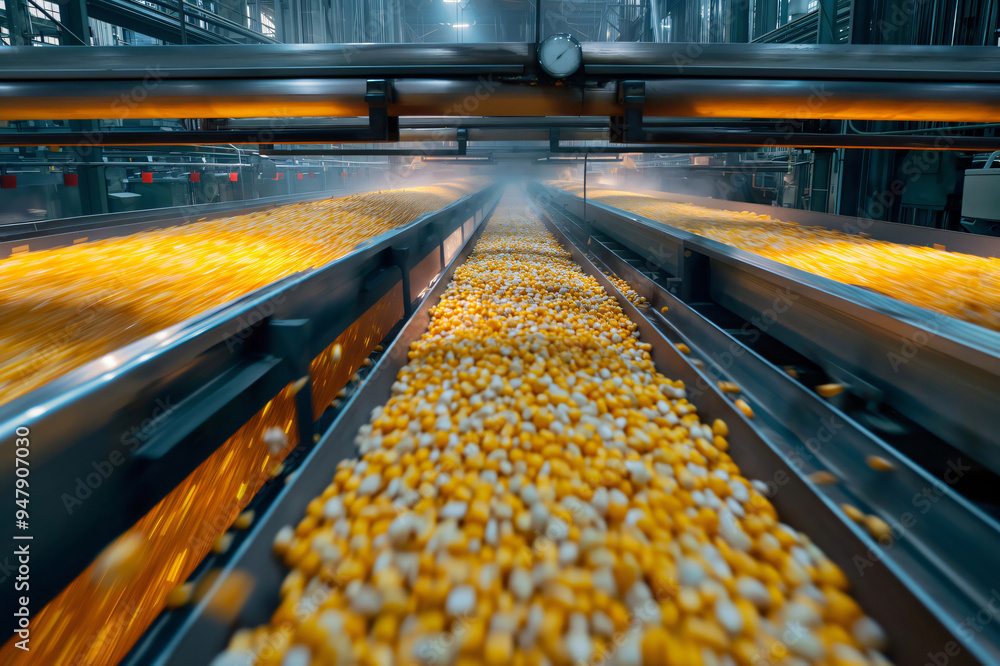 Poster corn kernels being processed by automated machinery on conveyor belts in a modern food processing pl