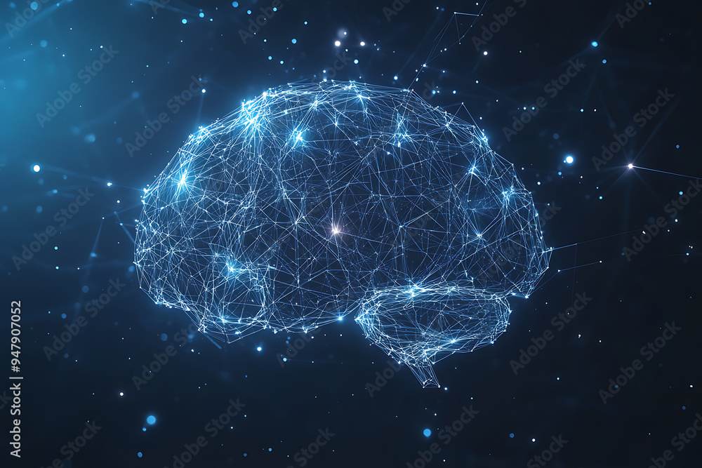 Poster a glowing brain composed of interconnected nodes on a blue background, representing artificial intel