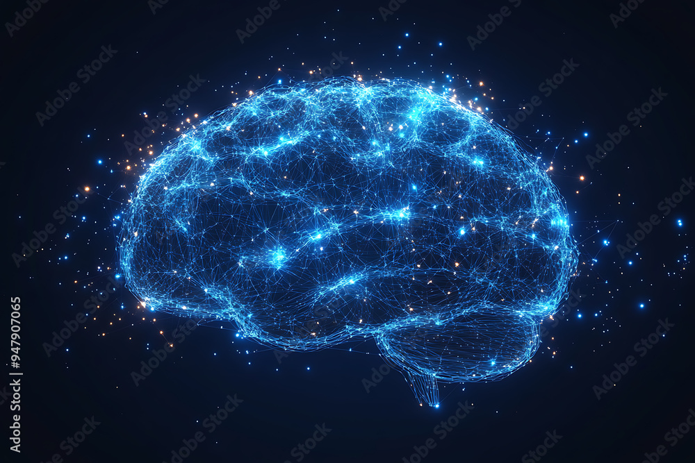 Poster a glowing brain composed of interconnected nodes on a blue background, representing artificial intel