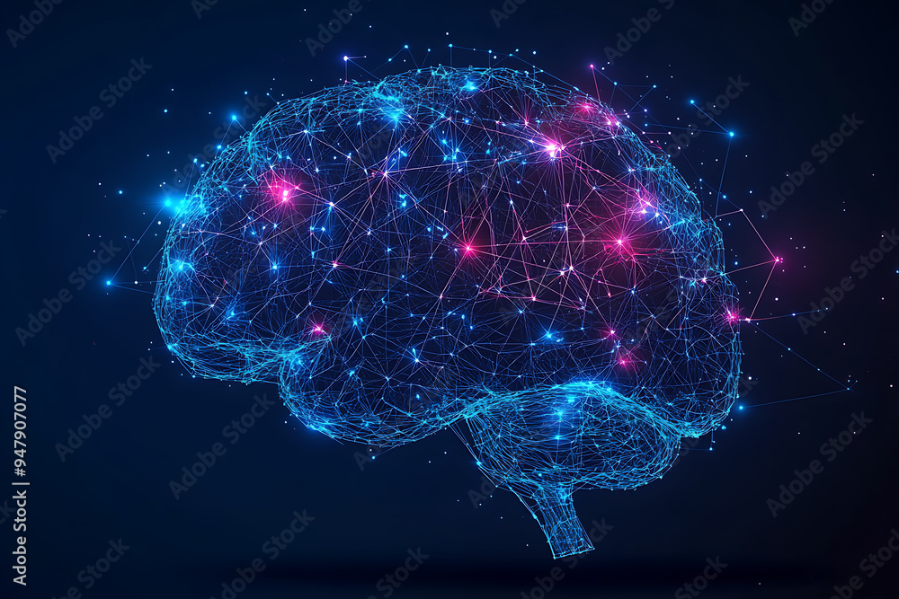 Poster a glowing brain composed of interconnected nodes on a blue background, representing artificial intel