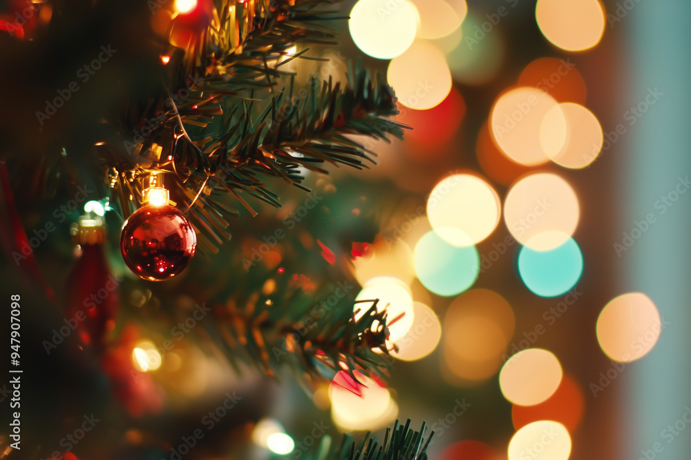 Poster christmas tree with lights on it. the lights are in different colors and are scattered all over the 