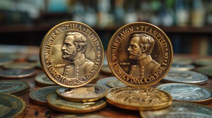 Close-up of two commemorative coins with intricate designs