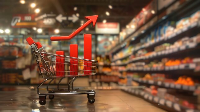 A shopping cart with a red upward trend graph symbolizing growth in a supermarket aisle.
