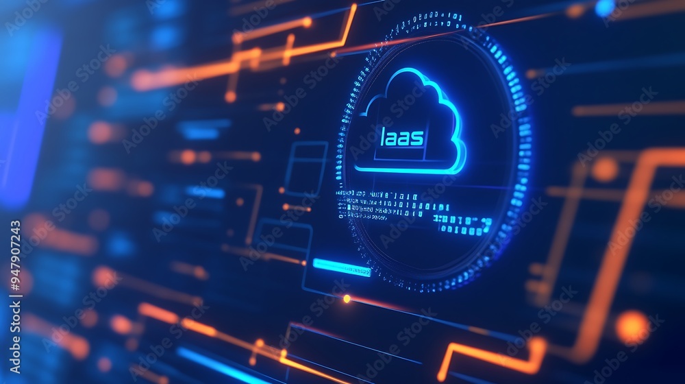 Poster digital representation of cloud computing infrastructure, iaas technology concept, with a glowing cl