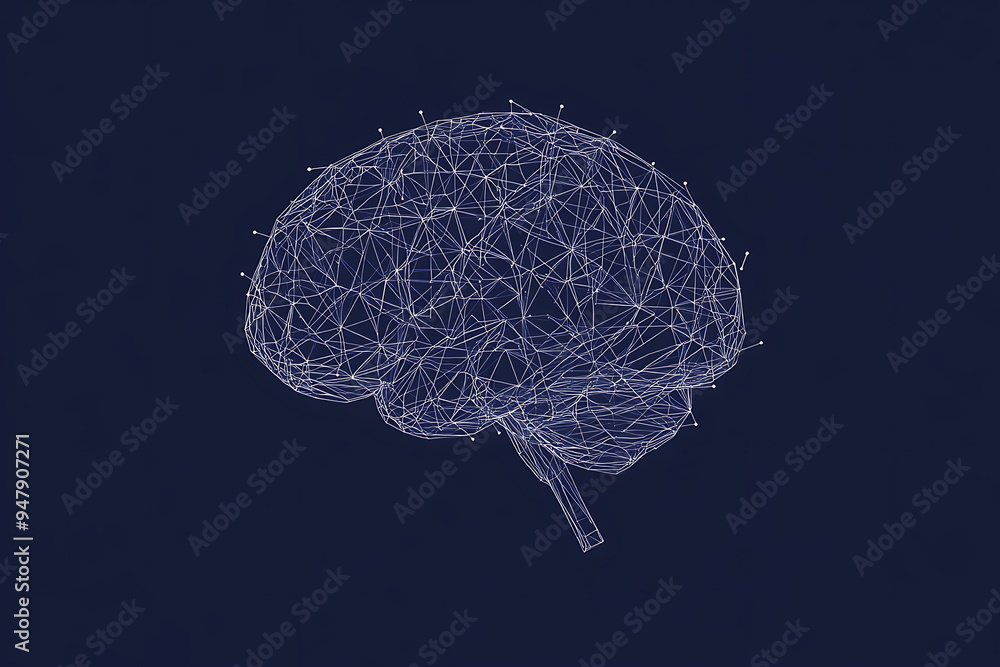 Poster a glowing brain composed of interconnected nodes on a blue background, representing artificial intel