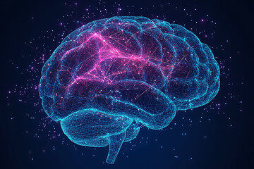 A glowing brain composed of interconnected nodes on a blue background, representing artificial intelligence, neural networks, and big data technology
