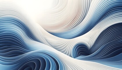 Abstract blue and white wave, curve patterns flowing through a soft landscape background with gentle light.