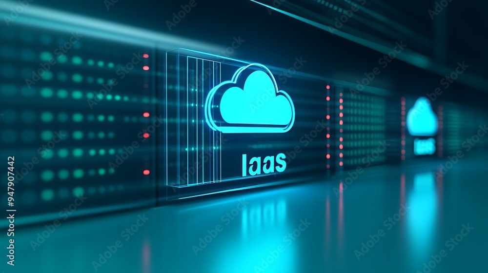 Poster digital representation of cloud computing services iaas concept with blue illuminated symbols on a f