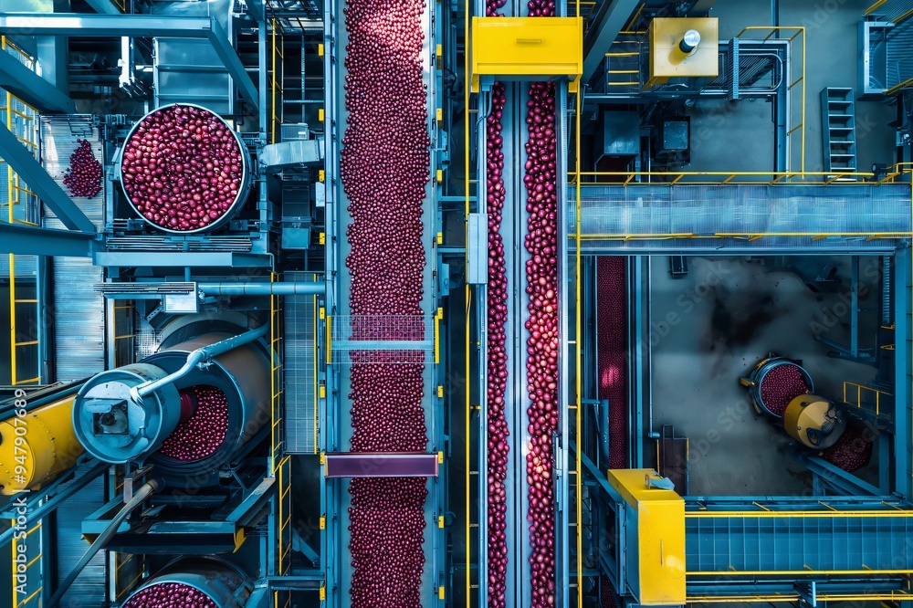 Poster overhead shot of automated machinery processing maca root in a modern food processing plant