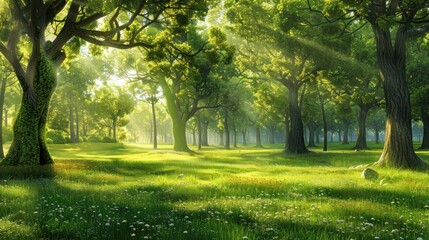 Obraz premium Sunbeams through a lush green forest.