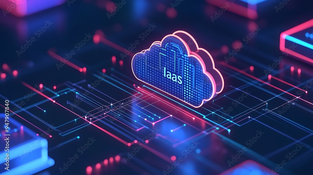 Poster digital representation of iaas cloud computing service in a neon-themed, futuristic circuit board de