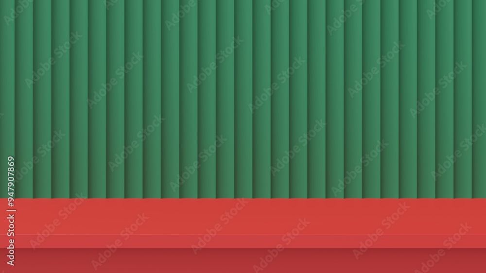 Poster green ripple background. 3d background with red table empty space for product or text. 3d rendering 