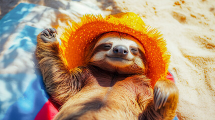 Cool sloth having good time on vacation lay down on beach , Funny animals concept .