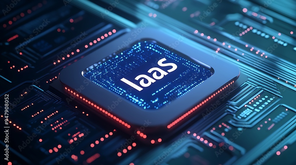Poster digital representation of iaas in a futuristic motherboard circuit, showcasing cloud computing infra