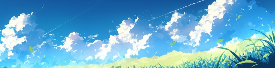 Enchanting Anime-Style Fantasy Landscape: Dreamy Blue Sky and Clouds Background. AI-Generated Artistic Scene for Marketing, Cultural Expression, and Graphic Design. Elegant Minimalist Template with Gr