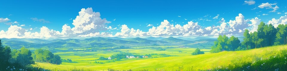 Obraz premium Enchanting Anime-Style Fantasy Landscape: Dreamy Blue Sky and Clouds Background. AI-Generated Artistic Scene for Marketing, Cultural Expression, and Graphic Design. Elegant Minimalist Template with Gr