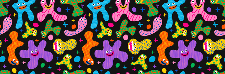 Seamless pattern abstract various funny creatures and doodle monsters or fantastic animals, cute colorful characters. Trendy vector hand drawn background