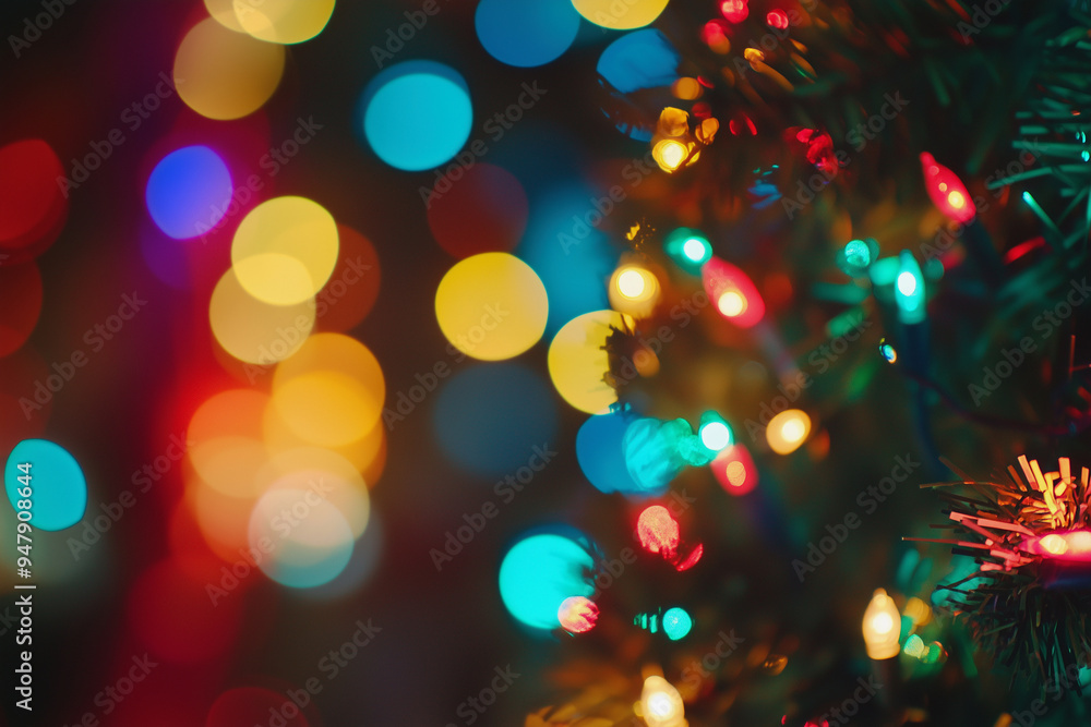 Poster christmas tree with lights on it. the lights are in different colors and are scattered all over the 